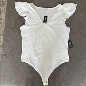Express White flutter sleeve body suit.